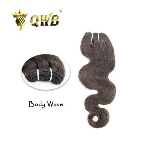 QWB Free Combination Body Wave Brazilian Virgin Hair - Main front view showing gentle S-shaped body wave pattern in natural black (#1b) Brazilian virgin human hair. Single bundle secured with white elastic bands showcasing 98-100g weight and substantial volume. No chemical processing ensures cuticle