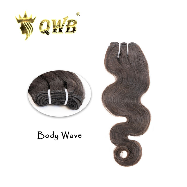 QWB Free Combination Body Wave Brazilian Virgin Hair - Main front view showing gentle S-shaped body wave pattern in natural black (#1b) Brazilian virgin human hair. Single bundle secured with white elastic bands showcasing 98-100g weight and substantial volume. No chemical processing ensures cuticle