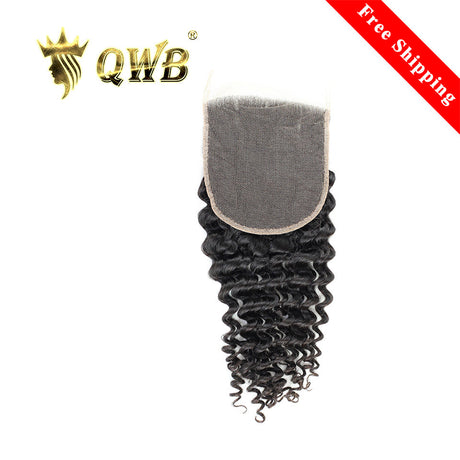 QWB Deep Wave 5X5 HD Lace Closure - Main front view showing tight S-shaped deep wave curl pattern in natural black (#1b) Brazilian virgin human hair. Compact 5x5 inch transparent HD lace closure base reveals undetectable crown coverage with pre-plucked natural hairline and baby hairs. 130% density c