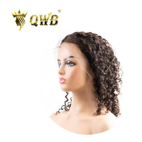 QWB Deep Wave 13*4" Lace Frontal Wig 200% Density - Main view showing tight spiral deep wave textured wig in natural virgin color close to #1b. Full 13x4 inch transparent dark brown Swiss lace frontal from ear to ear reveals undetectable hairline with pre-plucked natural hairline and baby hairs. Hig