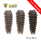 QWB Queen Weave Beauty - Main hero product shot featuring 3 bundles of tightly coiled deep wave S-pattern curl formation in natural deep black (#1b) color. 5x5 inch transparent Swiss HD lace closure with pre-plucked natural hairline and baby hairs for free-part styling. Premium cuticle intact 100% v
