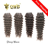 QWB Deep Wave 4 Bundles Deal - Main front view showing tight defined S-shaped deep wave curl pattern in natural black (#1b) Brazilian virgin human hair. Four premium bundles standing vertically showcasing full head volume at 98-100g weight per bundle. No chemical processing ensures cuticle intact co