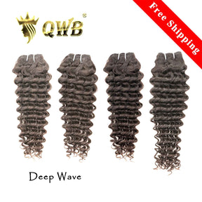 QWB Deep Wave 4 Bundles Deal - Main front view showing tight defined S-shaped deep wave curl pattern in natural black (#1b) Brazilian virgin human hair. Four premium bundles standing vertically showcasing full head volume at 98-100g weight per bundle. No chemical processing ensures cuticle intact co