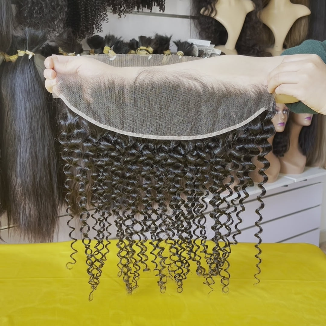 QWB Tight Curly Lace Frontal Video Demo - Walking demonstration showing movement of springy ringlets, natural bounce, and HD lace invisibility from multiple angles. Free shipping by DHL/Fedex in 3-4 workdays worldwide.