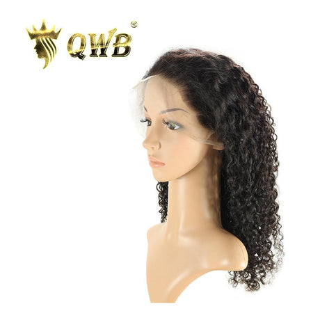 QWB Jerry Curly 13X5 Inch HD Lace Frontal Wig - Main front view showing distinctive tight curly textured pattern in natural black (#1b) Brazilian virgin human hair. Full 13x5 inch transparent HD lace frontal reveals undetectable hairline from ear to ear with pre-plucked natural hairline and baby hai