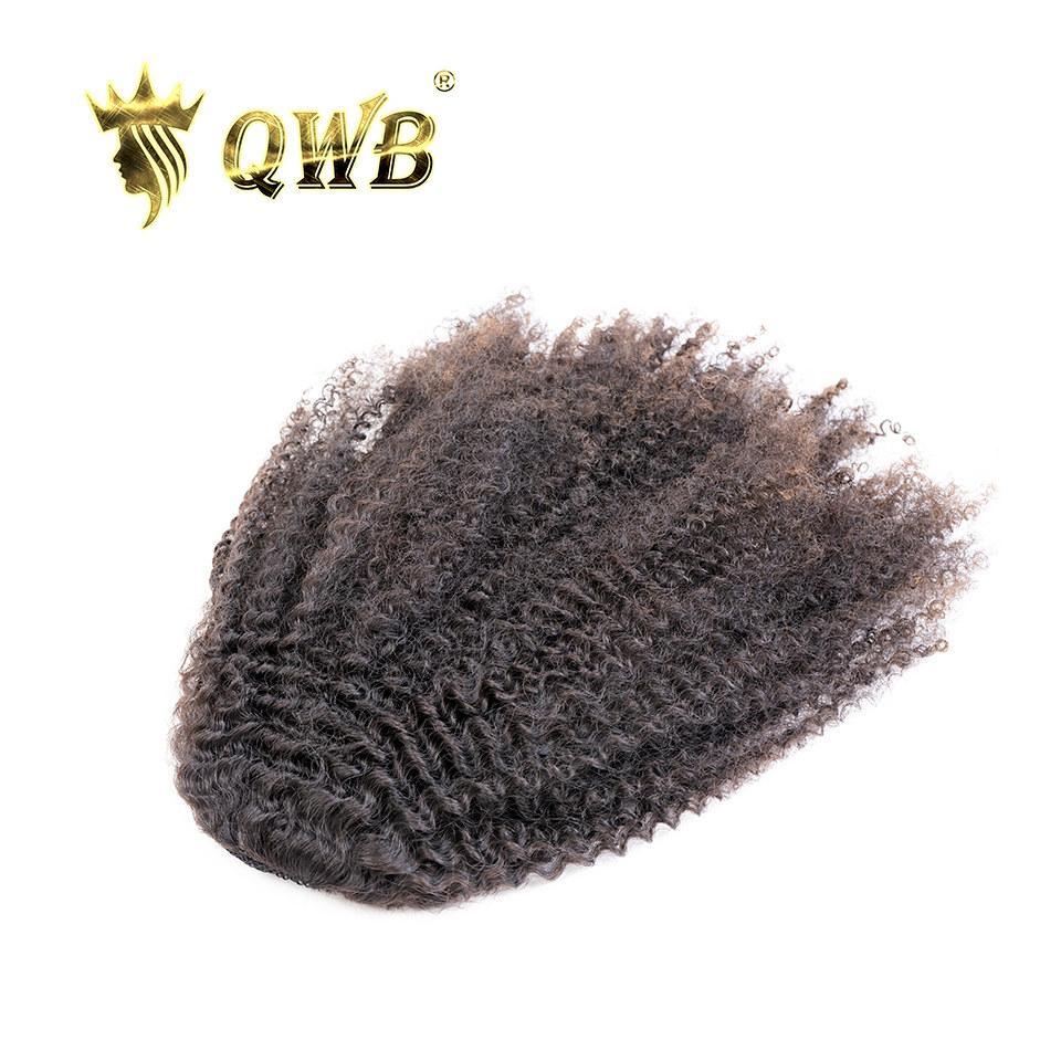 Afro Kinky Curly Ponytail Side Profile - Vertical hanging length and substantial volume demonstration showing premium Brazilian virgin hair body and bounce. Drawstring base secures tightly while ponytail hangs freely with natural movement and weight distribution for comfortable all-day wear.