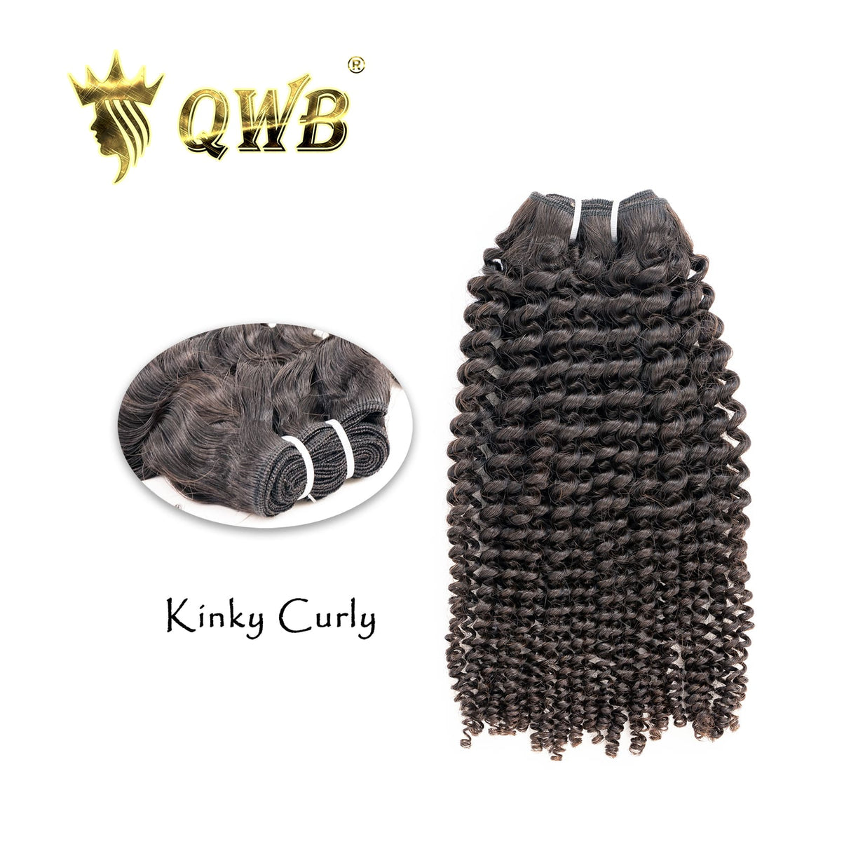 QWB Kinky Curly Brazilian Virgin Hair - Main front view showing tight uniform ringlet curly textured hair bundle standing vertically in deep natural black (#1b). Each bundle weighs approximately 98-100g providing substantial full head coverage for complete weave installation at lengths from 12 to 24