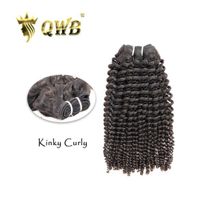 QWB Kinky Curly Brazilian Virgin Hair - Main front view showing tight uniform ringlet curly textured hair bundle standing vertically in deep natural black (#1b). Each bundle weighs approximately 98-100g providing substantial full head coverage for complete weave installation at lengths from 12 to 24