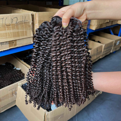 Kinky Curly Bundles Side Profile View - Natural fit demonstration showing how the substantial weight of tightly coiled ringlet bundles lays naturally against body without bulk. Premium virgin human hair cascades with natural bounce and curl definition characteristic of unprocessed 100% cuticle intac