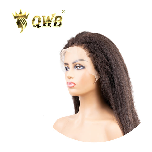 QWB Kinky Straight 13x4 Lace Frontal Wig main front view showcasing complete custom wig construction featuring premium Brazilian virgin human hair in natural deep black (#1b) color with distinctive steam-processed kinky straight texture (fine small braided/coiled pattern from high temperature treatm