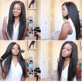 Side profile of QWB Kinky Straight 5X5 HD Lace Closure Wig, 200% density, showing the natural hair flow and length.