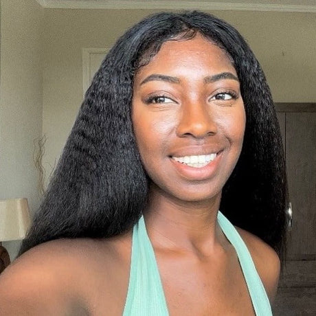 QWB Kinky Straight 13x4 HD Lace Frontal real-world customer application photograph demonstrating realistic beautiful natural hairline integration after professional installation procedure. Multiple model perspectives showing seamless lace melting against forehead contour with undetectable perimeter 