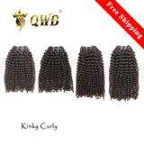 QWB Queen Weave Beauty - Main hero product shot featuring 4 bundles of premium virgin human hair in natural deep black (#1b) color. . Premium cuticle intact 100% virgin Brazilian hair with minimum shedding and tangle-free performance, estimated 2-3 year lifespan displayed vertically to showcase full