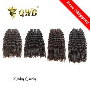 QWB Queen Weave Beauty - Main hero product shot featuring 4 bundles of premium virgin human hair in natural deep black (#1b) color. . Premium cuticle intact 100% virgin Brazilian hair with minimum shedding and tangle-free performance, estimated 2-3 year lifespan displayed vertically to showcase full