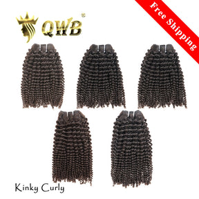 QWB Kinky Curly 5 Bundles Deal Brazilian Virgin Hair - Main front view showing five bundles of tight uniform ringlet curly textured hair standing vertically in deep natural black (#1b). Each bundle weighs approximately 98-100g providing substantial full head coverage for complete weave installation 