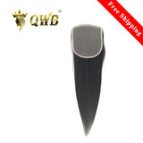 QWB Queen Weave Beauty - Main hero product shot featuring single piece of hybrid straight-crimped light yaki texture mimicking silk-pressed natural black women's hair in natural deep black (#1b) color. 5x5 inch transparent Swiss HD lace closure with pre-plucked natural hairline and baby hairs for fr
