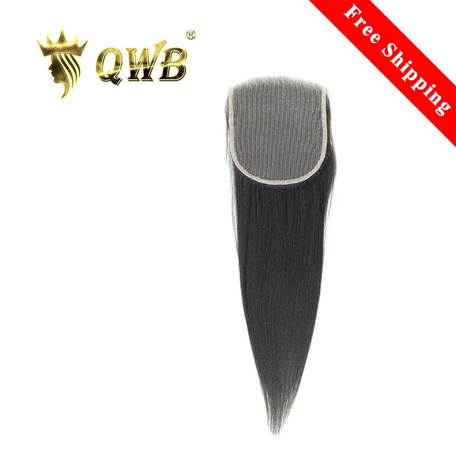 QWB Queen Weave Beauty - Main hero product shot featuring single piece of hybrid straight-crimped light yaki texture mimicking silk-pressed natural black women's hair in natural deep black (#1b) color. 5x5 inch transparent Swiss HD lace closure with pre-plucked natural hairline and baby hairs for fr