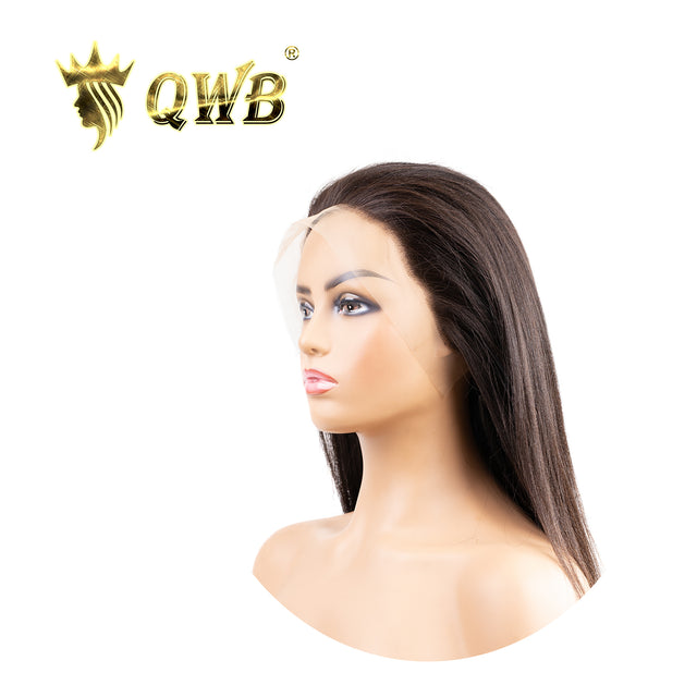 QWB Light Yaki 13*4" Lace Frontal Wig 200% Density - Main view showing light yaki textured wig in natural black (#1b) on 13x4 inch transparent light brown Swiss lace frontal. Ear-to-ear coverage with pre-plucked natural hairline and baby hairs. High 200% density creating voluminous appearance withou