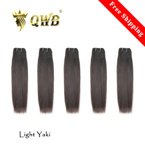 QWB Light Yaki Straight 5 Bundles Deal - Deep black/dark brown (#1/#1b natural) Brazilian Virgin Hair in light yaki straight texture with subtle wave pattern. Five bundles hanging vertically showing double machine weft construction. 98-100g/bundle, cuticle intact virgin hair quality.