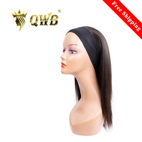 QWB Queen Weave Beauty - Main hero product shot featuring single piece of hybrid straight-crimped light yaki texture mimicking silk-pressed natural black women's hair in natural deep black (#1b) color. . Premium cuticle intact 100% virgin Brazilian hair with minimum shedding and tangle-free performa