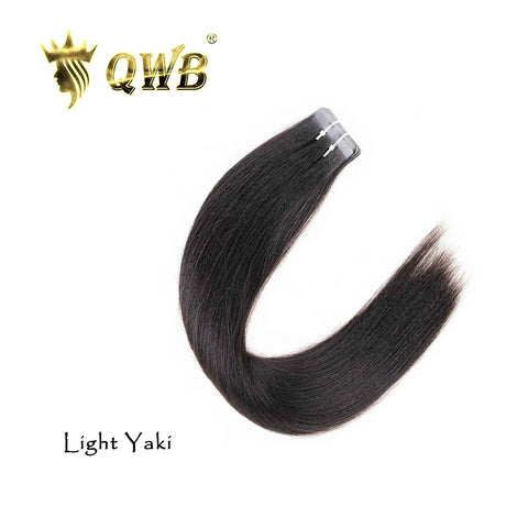 Light Yaki Tape In Hair Extension - Natural Color #1B Brazilian Virgin Hair showing deep off-black shade with light yaki texture (not pin-straight). Visible clear double-sided adhesive tape strip on thin flat weft. 20pcs 50g/pack, cuticle intact premium virgin hair quality.