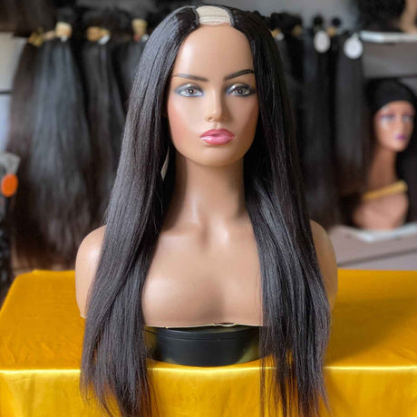 Light Yaki U Part Wig Frontal Center Part View - Shows U-part cutout at crown revealing beige/tan lace base. Natural black straight hair with subtle yaki texture falls over both shoulders, demonstrating seamless hairline blend and professional construction quality.