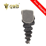 QWB Loose Wave 5X5 Inch HD Lace Closure - Main front view showing gentle S-shaped loose wave pattern in natural black (#1b) Brazilian virgin human hair. Compact 5x5 inch transparent HD lace closure base reveals undetectable crown coverage with pre-plucked natural hairline and baby hairs. 130% densit