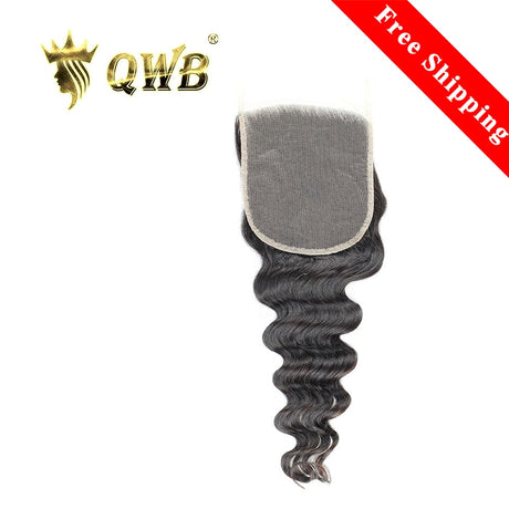 QWB Loose Wave 5X5 Inch HD Lace Closure - Main front view showing gentle S-shaped loose wave pattern in natural black (#1b) Brazilian virgin human hair. Compact 5x5 inch transparent HD lace closure base reveals undetectable crown coverage with pre-plucked natural hairline and baby hairs. 130% densit
