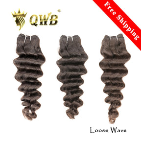 QWB Queen Weave Beauty - Main hero product shot featuring 3 bundles of voluminous loose wave bends with natural movement and bounce in natural deep black (#1b) color. 5x5 inch transparent Swiss HD lace closure with pre-plucked natural hairline and baby hairs for free-part styling. Premium cuticle in