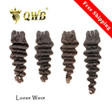 QWB Queen Weave Beauty - Main hero product shot featuring 4 bundles of voluminous loose wave bends with natural movement and bounce in natural deep black (#1b) color. . Premium cuticle intact 100% virgin Brazilian hair with minimum shedding and tangle-free performance, estimated 2-3 year lifespan di