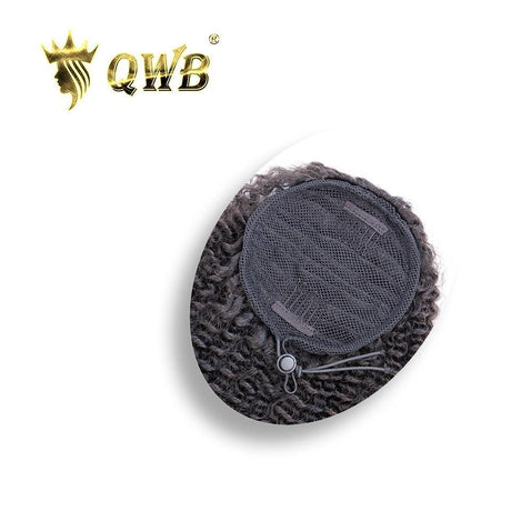 QWB Kinky Straight Drawstring Ponytail Extension demonstrating natural #1B black virgin hair color and distinctive kinky straight curl pattern on 100% human hair material. Side-by-side visual comparison showing consistent texture definition from cap base through entire ponytail length â€?uniform smal