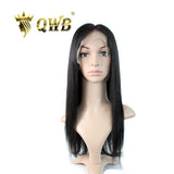 QWB Queen Weave Beauty - Main hero product shot featuring single piece of premium virgin human hair in natural deep black (#1b) color. 13x5 inch transparent lace frontal with deep part design and V-shaped ear tabs. Premium cuticle intact 100% virgin Brazilian hair with minimum shedding and tangle-fr