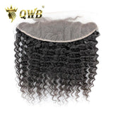 QWB Deep Wave 13x4 Inch Light Brown Lace Frontal Brazilian Virgin Hair - Main view showing tight spiral deep wave textured hair in natural black (#1b). 13x4 inch transparent light brown lace frontal piece extending ear to ear for full coverage area. Pre-plucked natural hairline with baby hairs, 130%