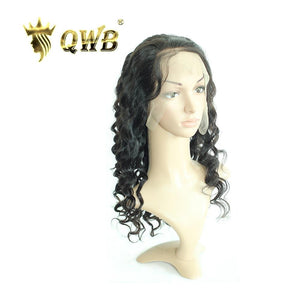 QWB Queen Weave Beauty - Main hero product shot featuring single piece of voluminous loose wave bends with natural movement and bounce in natural deep black (#1b) color. 13x5 inch transparent lace frontal with deep part design and V-shaped ear tabs. Premium cuticle intact 100% virgin Brazilian hair 