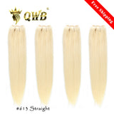 QWB #613 Blonde Straight 4 Bundles Deal - Main front view showing striking platinum blonde (#613) Brazilian Remy hair extensions with silky smooth straight texture. Four bundles of cuticle intact virgin hair in uniform light blonde color with no dark roots or brassy undertones. Double machine weft c