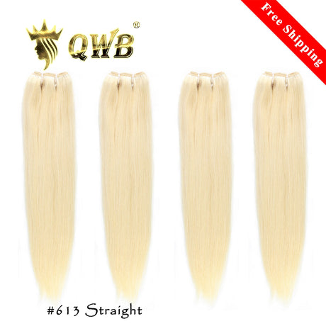 QWB #613 Blonde Straight 4 Bundles Deal - Main front view showing striking platinum blonde (#613) Brazilian Remy hair extensions with silky smooth straight texture. Four bundles of cuticle intact virgin hair in uniform light blonde color with no dark roots or brassy undertones. Double machine weft c
