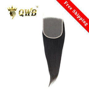 QWB Queen Weave Beauty - Main hero product shot featuring single piece of premium virgin human hair in natural deep black (#1b) color. 5x5 inch transparent Swiss HD lace closure with pre-plucked natural hairline and baby hairs for free-part styling. Premium cuticle intact 100% virgin Brazilian hair 