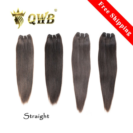 QWB Queen Weave Beauty - Main hero product shot featuring 4 bundles of premium virgin human hair in natural deep black (#1b) color. . Premium cuticle intact 100% virgin Brazilian hair with minimum shedding and tangle-free performance, estimated 2-3 year lifespan displayed vertically to showcase full