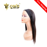 QWB Queen Weave Beauty - Main hero product shot featuring single piece of premium virgin human hair in natural deep black (#1b) color. . Premium cuticle intact 100% virgin Brazilian hair with minimum shedding and tangle-free performance, estimated 2-3 year lifespan displayed vertically to showcase f