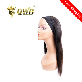 QWB Queen Weave Beauty - Main hero product shot featuring single piece of premium virgin human hair in natural deep black (#1b) color. . Premium cuticle intact 100% virgin Brazilian hair with minimum shedding and tangle-free performance, estimated 2-3 year lifespan displayed vertically to showcase f