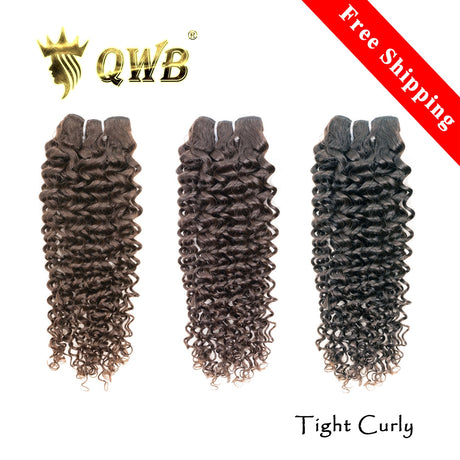 QWB Queen Weave Beauty - Main hero product shot featuring 3 bundles of compact tight curly ringlet formation with defined spiral coils in natural deep black (#1b) color. . Premium cuticle intact 100% virgin Brazilian hair with minimum shedding and tangle-free performance, estimated 2-3 year lifespan