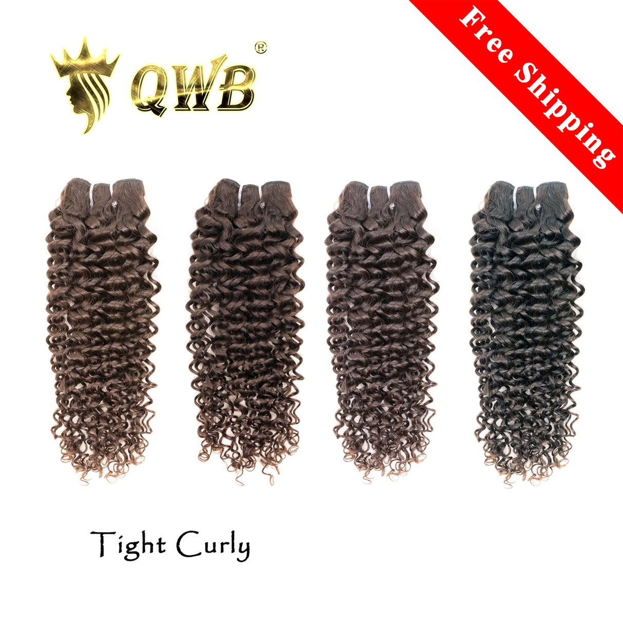 QWB Queen Weave Beauty - Main hero product shot featuring 4 bundles of compact tight curly ringlet formation with defined spiral coils in natural deep black (#1b) color. . Premium cuticle intact 100% virgin Brazilian hair with minimum shedding and tangle-free performance, estimated 2-3 year lifespan