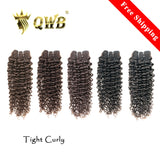 QWB Tight Curly 5 Bundles Deal Brazilian Virgin Hair - Main front view showing five bundles of tight curly textured hair standing vertically displaying springy well-defined ringlets in deep natural black (#1b). Each bundle weighs approximately 98-100g providing substantial dense full head coverage f