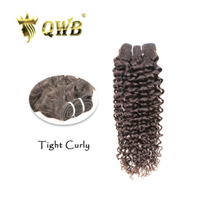 QWB Queen Weave Beauty - Main hero product shot featuring single piece of compact tight curly ringlet formation with defined spiral coils in natural deep black (#1b) color. . Premium cuticle intact 100% virgin Brazilian hair with minimum shedding and tangle-free performance, estimated 2-3 year lifes