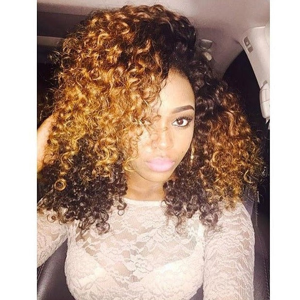 Customer Styling Example #2 - Tight Curly HD Frontal wig styled with deep part showing versatility and free-parted flexibility for various looks. High-temperature steam processed texture allows heat styling while maintaining tight curl definition.