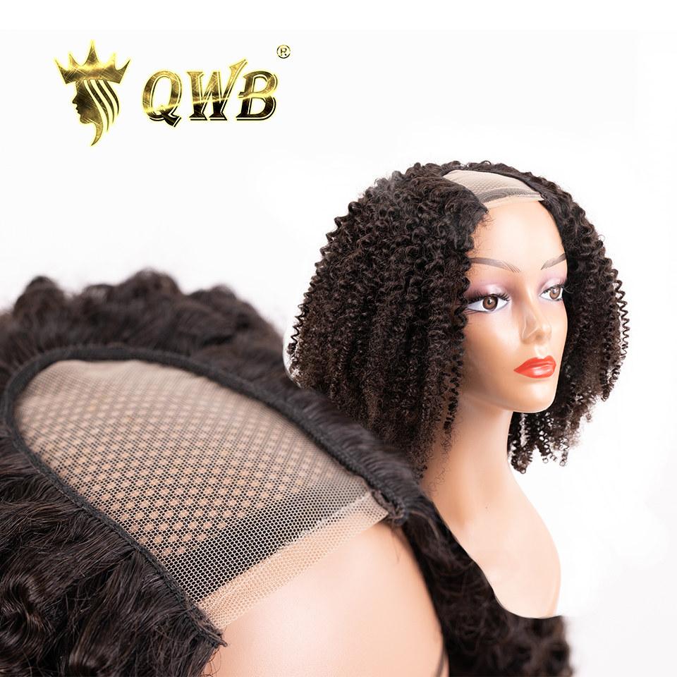 Brazilian Virgin Hair U Part Wig Installation View - Kinky curly U Part wig demonstrating secure attachment with 6 internal combs and stretch strap/elastic band at back. Natural hair blended through U opening creates seamless appearance without glue or lace when properly installed for comfortable al