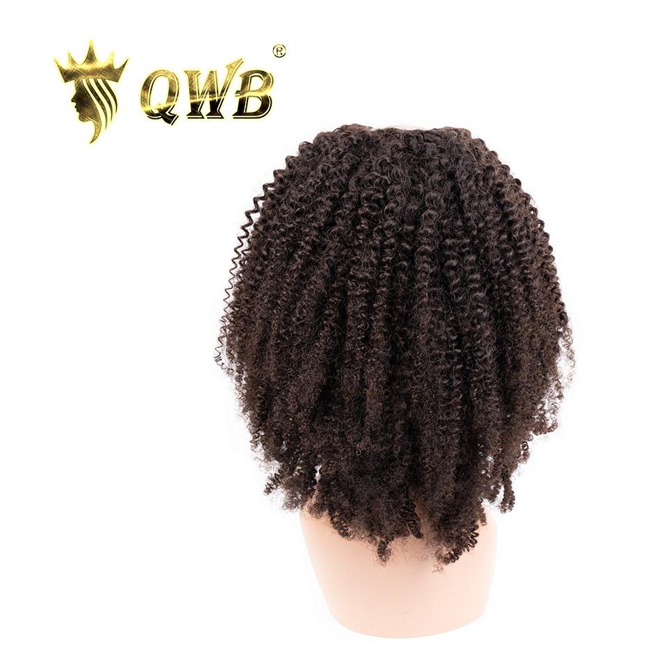 QWB Kinky Curly U Part Wig Opening Detail - Close-up of distinctive 1.5x3.5 inch U-shaped opening design allowing natural hair to blend seamlessly with virgin human hair extensions. Transparent edge around opening area ensures undetectable integration, small cap construction with adjustable clips an