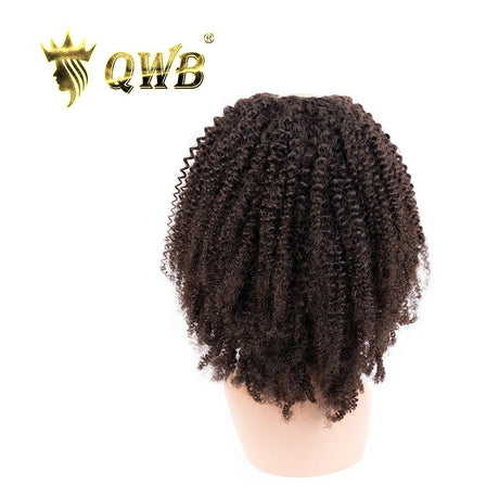 QWB Kinky Curly U Part Wig Opening Detail - Close-up of distinctive 1.5x3.5 inch U-shaped opening design allowing natural hair to blend seamlessly with virgin human hair extensions. Transparent edge around opening area ensures undetectable integration, small cap construction with adjustable clips an