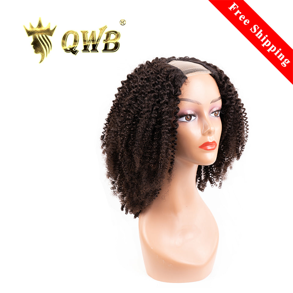 QWB Kinky Curly U Part Wig 250% Density - Main front view showing tight S-shaped kinky curly curl pattern in natural black (#1b) Brazilian virgin human hair with visible U-shaped opening (1.5x3.5 inch) at crown for natural hair blending. Extremely high 250% density creating voluminous full appearanc