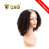 QWB Kinky Curly U Part Wig 250% Density - Main front view showing tight S-shaped kinky curly curl pattern in natural black (#1b) Brazilian virgin human hair with visible U-shaped opening (1.5x3.5 inch) at crown for natural hair blending. Extremely high 250% density creating voluminous full appearanc